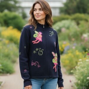 TALBOTS Christmas Cardigan Sweater Angel Fairy Core Quirky Novelty Cozy Size Lg